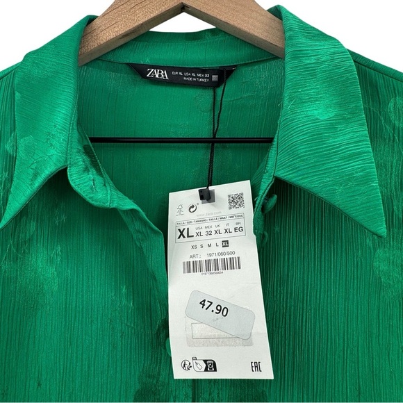 NEW Zara Floral Jacquard Long Sleeve Button Down Shirt Solid Green Blouse | XL - Picture 6 of 7